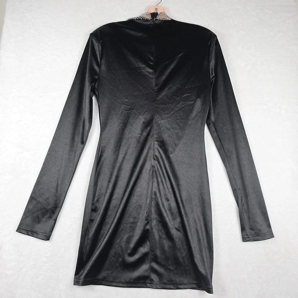 Fashion Nova New With Class Black Satin Mini Dress Rhinestone Women's Size Large